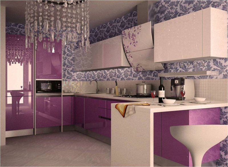 Фиолетовая кухня в интерьере
