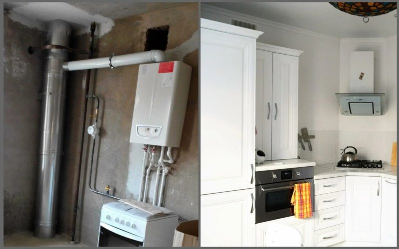 Газовый котел и трубы на кухне
