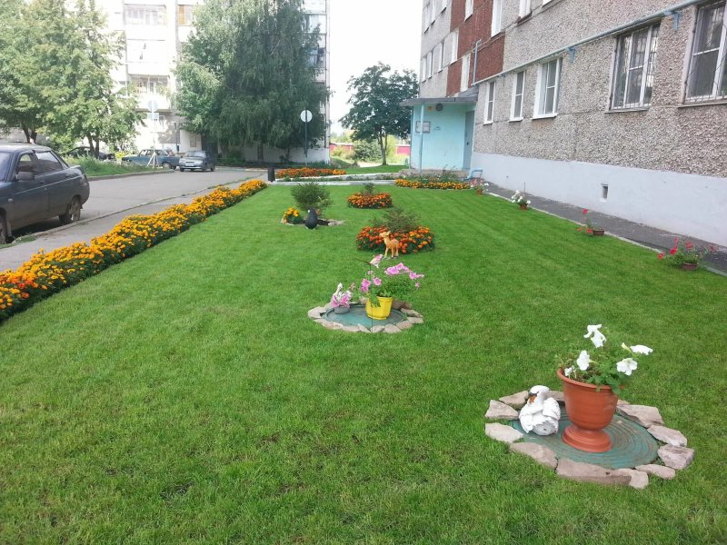 Красивые клумбы во дворе многоквартирного дома