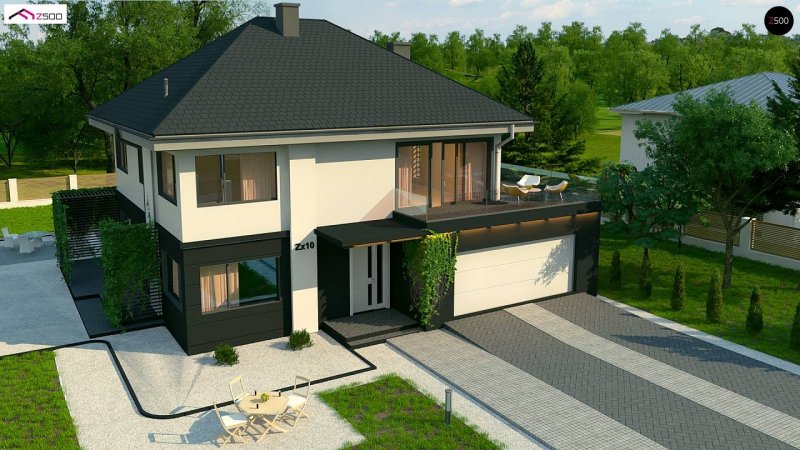 Проект двухэтажного дома с гаражом и террасой