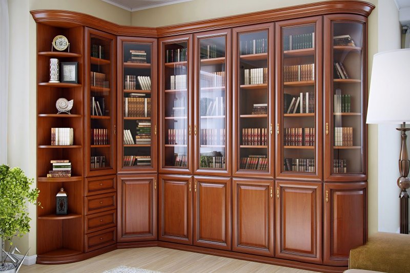 Угловой книжный шкаф для домашней библиотеки