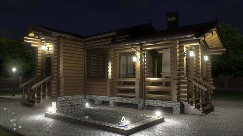 Баня из оцилиндрованного бревна с верандой и барбекю