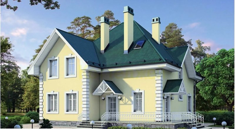Фасады домов с зеленой крышей