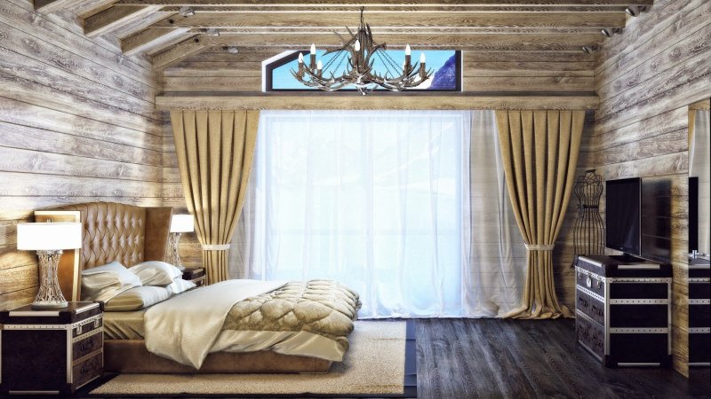 Интерьер спальни в доме из клееного бруса