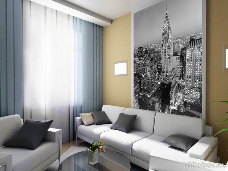 Фотообои город в интерьере гостиной