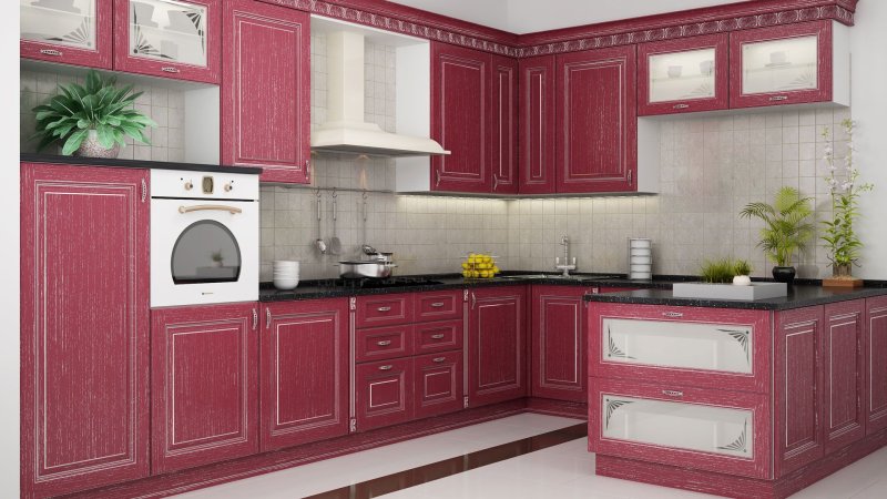 Кухня в бордовом цвете классика