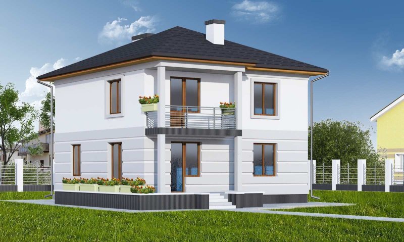 Фасад двухэтажного дома с четырехскатной крышей