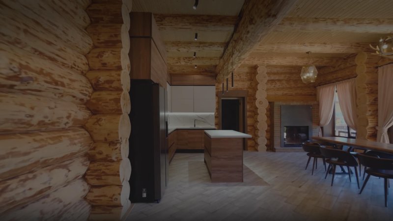 Современный интерьер в доме из бревна