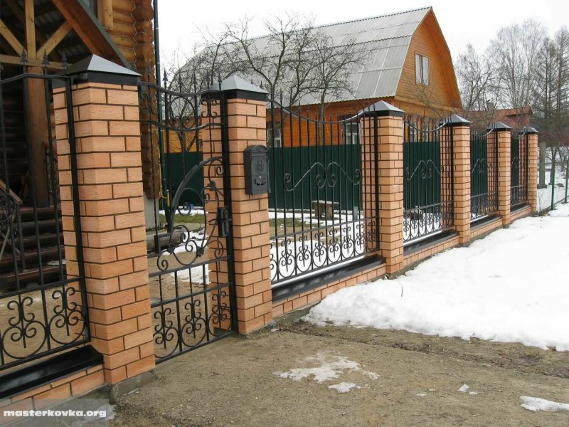 Кованый забор с кирпичными столбами